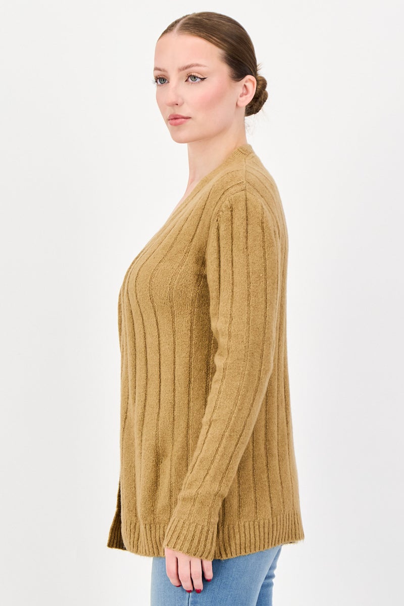 trendyol Women Split Neck Textured Cardigan, Brown - Image 2